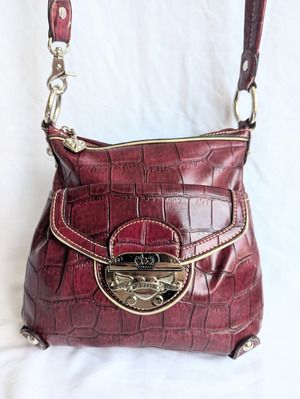 Kathy Van Zeeland Croc Embossed Crossbody Bag Burgundy Statement Purse